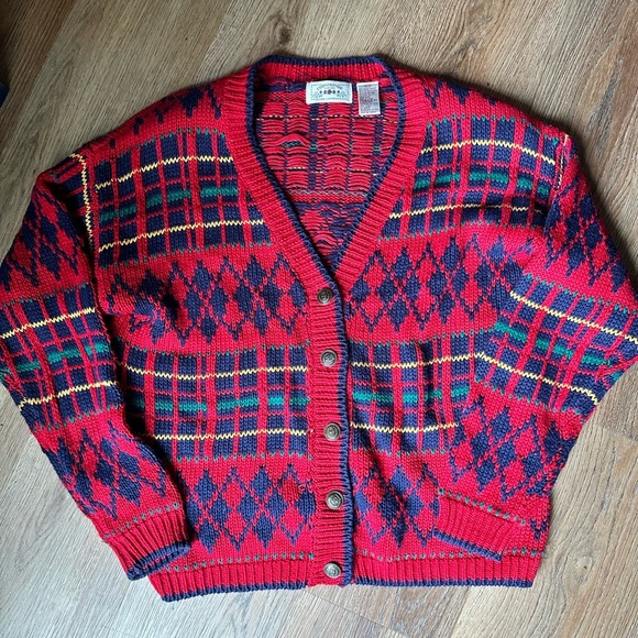 Countryside Classics vintage Red and blue plaid and argyle knit cardigan. Medium - Picture 1 of 6